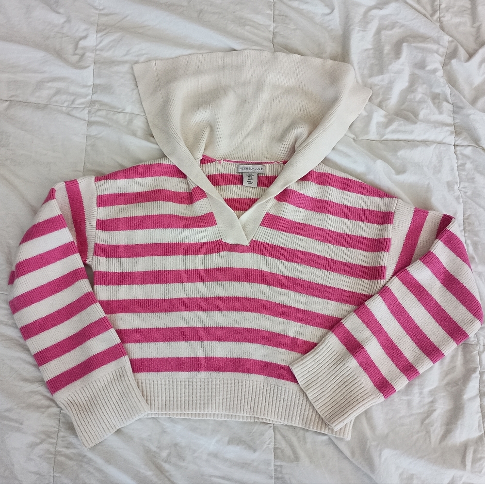 Sincerely Jules Off-the-Shoulder Pink and White Sweater